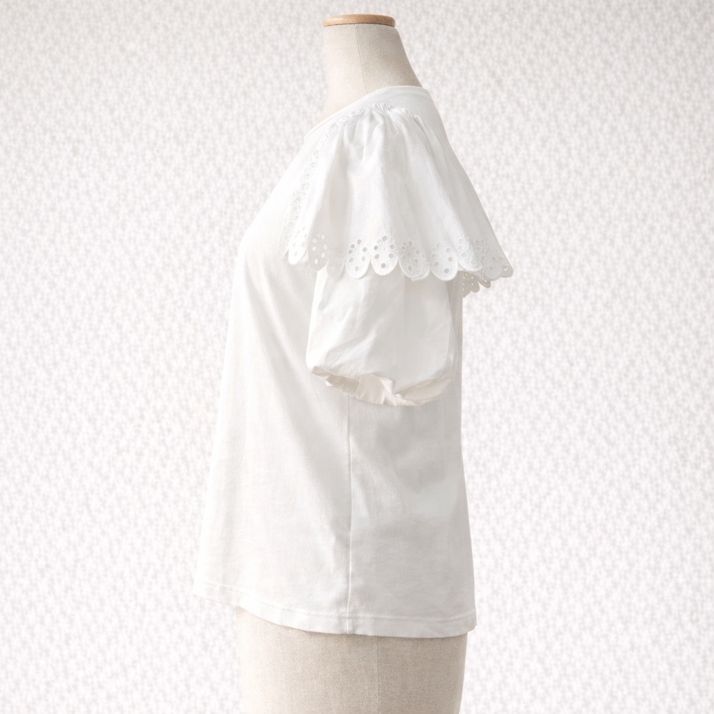 Oddi Sophia White Eyelet Puff Short Sleeve New Preppy Feminine Cotton Blouse - Picture 2 of 9